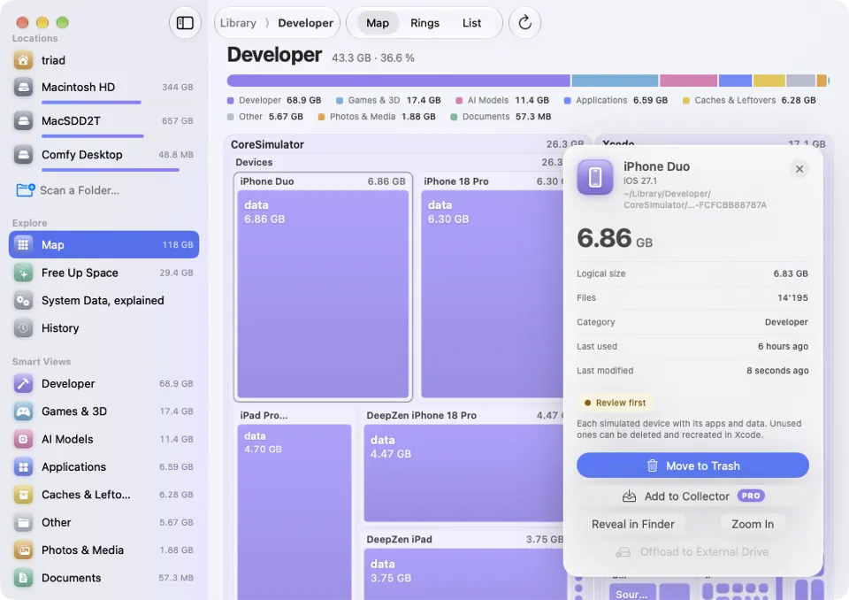 iOSシミュレータを表示したMoreRoomのインスペクタ:サイズ、ファイル数、最終使用日、「先に確認」バッジ、「ゴミ箱に入れる」ボタン